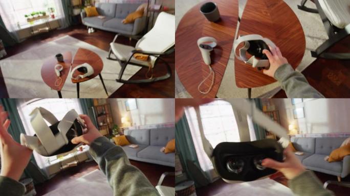 沉浸式视角拍摄的人戴上虚拟现实耳机在家玩虚拟现实视频游戏。使用VR眼镜在Metaverse中获得乐趣