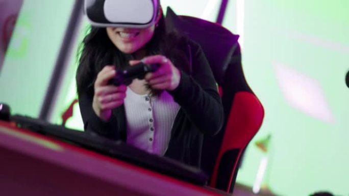 游戏女孩，虚拟现实和metaverse电子竞技在线游戏，游戏椅上有数字视频游戏。高科技ps5控制台、