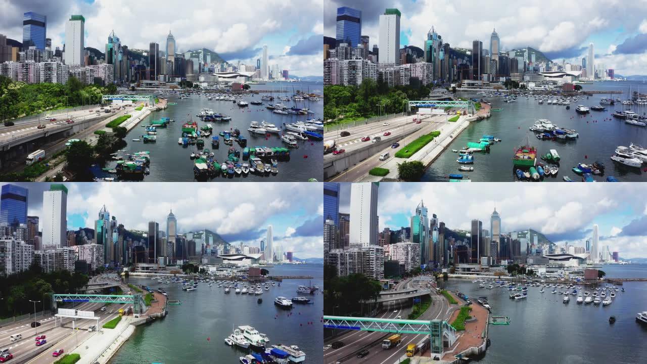 香港公路鸟瞰图香港地标港湾船只