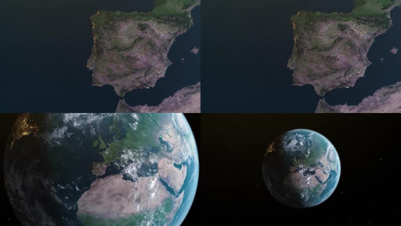 葡萄牙地图，通过4k照片真实的动画地球仪放大到空间，全景包括亚洲，非洲和欧洲。史诗旋转世界动画，现实