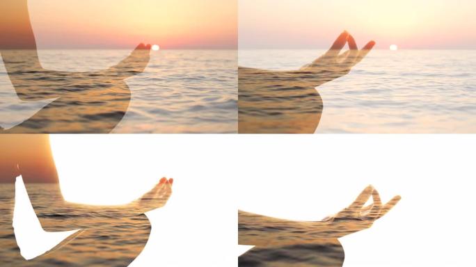 日落时在大海的背景下冥想的人的剪影