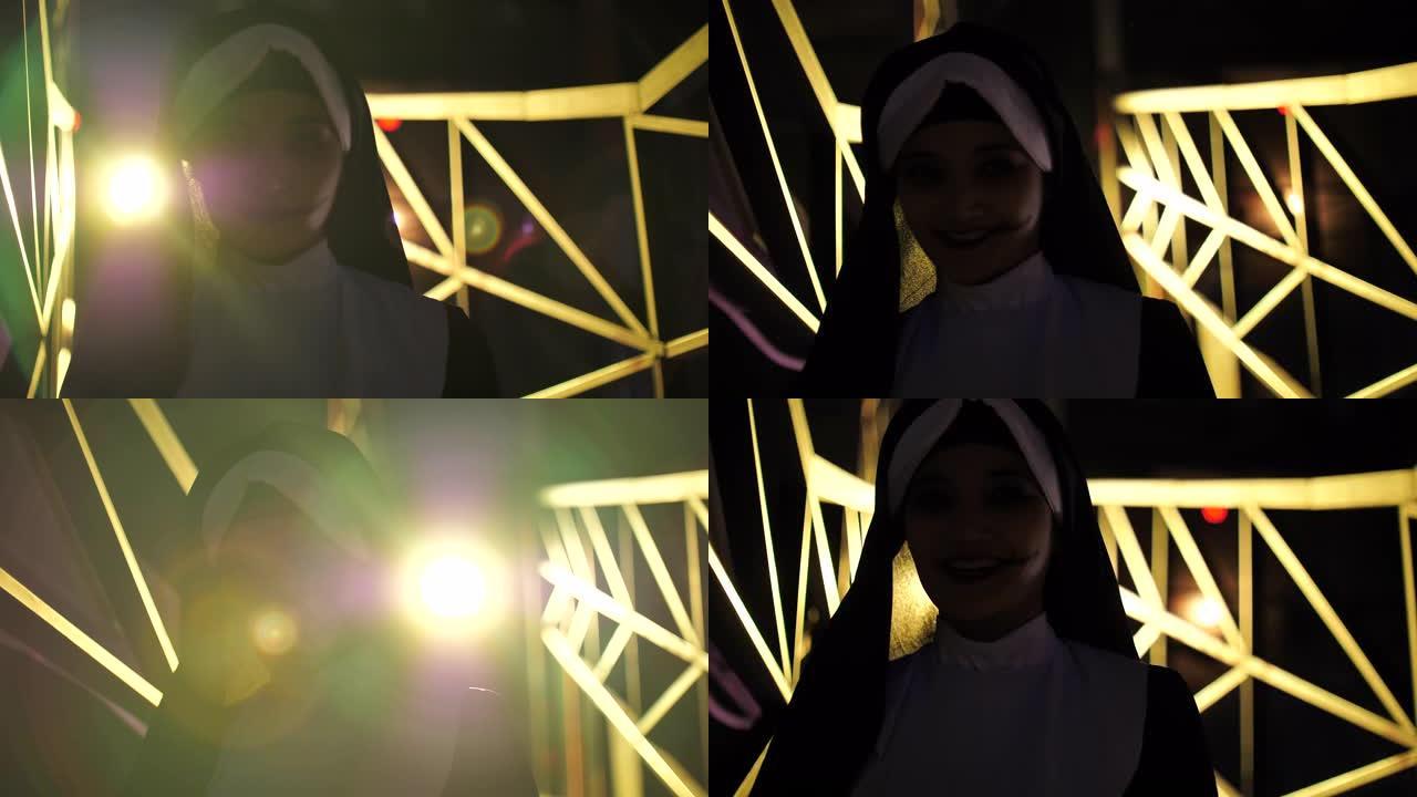 恐怖修女在万圣节活动中向摄像机尖叫
