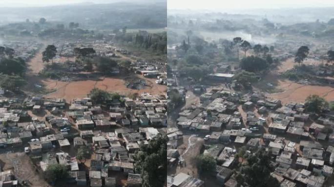 垂直视频。贫困。不平等。在拥挤和人口稠密的非洲城镇，贫民窟，棚户区，南非的鸟瞰图