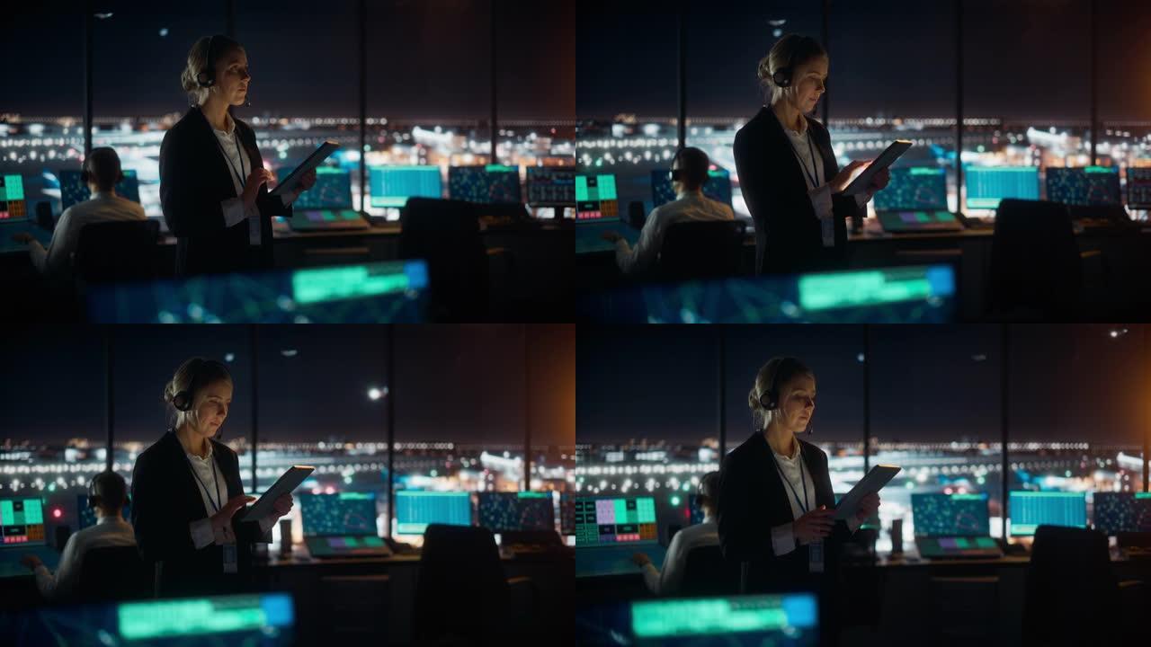 高加索女性空中交通管制员在机场塔楼的平板电脑上工作。办公室里满是台式电脑显示屏，配有导航屏幕，飞机飞