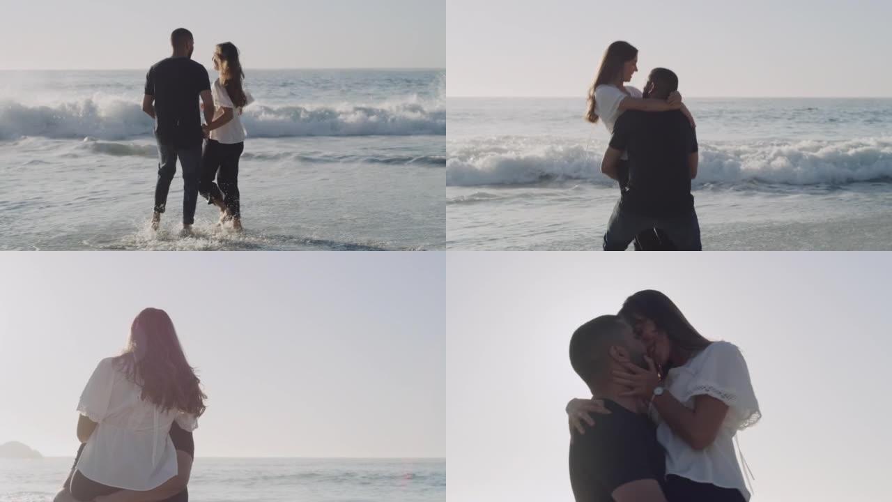 年轻无忧无虑幸福的夫妇跑步，在沙滩上玩耍和接吻。新婚夫妇在水中玩得开心，拥抱，在蜜月或度假时恋爱，一
