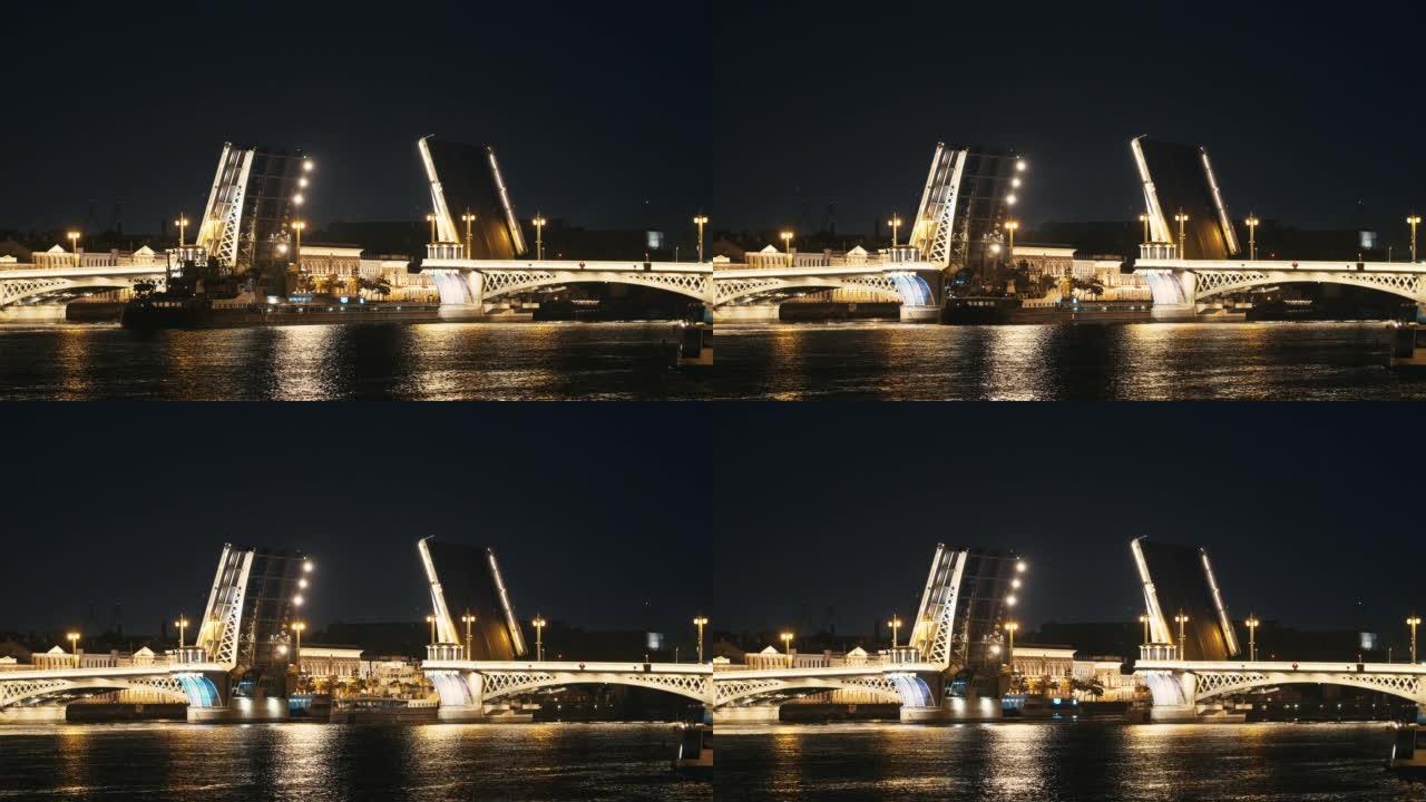 晚上在美丽的灯光下，通过圣彼得堡的涅瓦河开通了一座桥梁。圣彼得堡地标