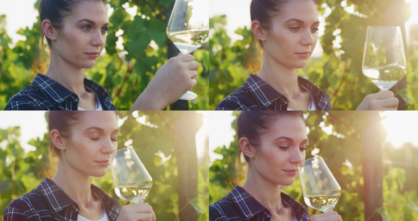 成功成功的女性酿酒师的真实照片正在品尝一种风味，并检查日落时在葡萄园背景上倒入透明玻璃杯中的葡萄酒质