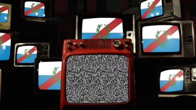 阿根廷里奥哈省的旗帜和老式电视机。