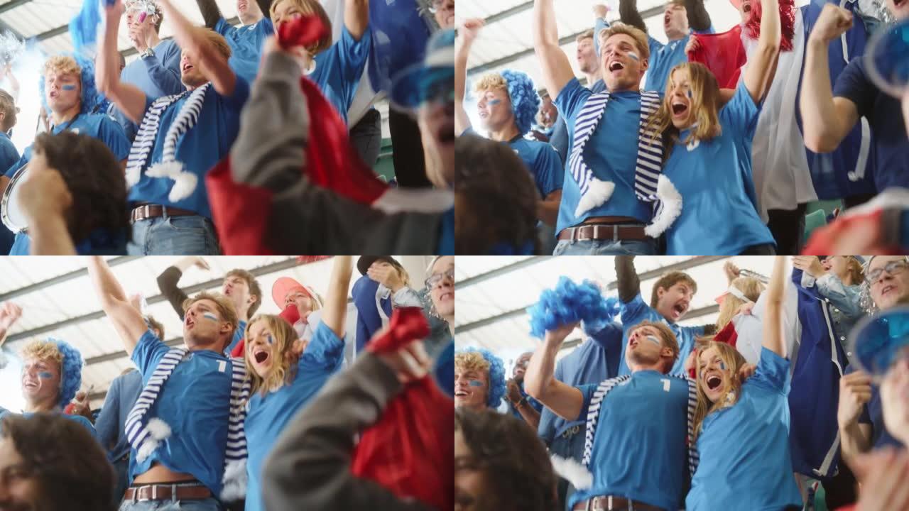 体育馆大事件: 一群球迷为蓝色足球队获胜而欢呼。人们庆祝进球，冠军胜利。可爱的白种人夫妇，脸上涂着脸