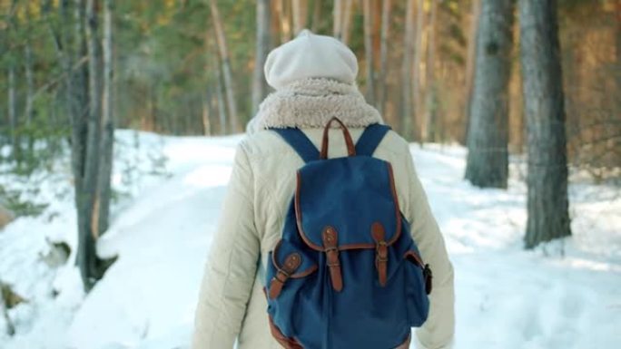 冬天在森林里散步的游客的背景图聊天和打手势享受徒步旅行