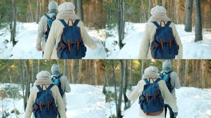 冬天在森林里散步的游客的背景图聊天和打手势享受徒步旅行