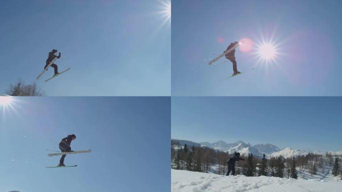 慢动作: 自由式滑雪者跳高空中