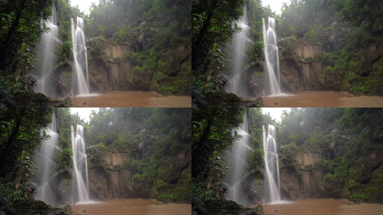 东南亚绿色雨林中瀑布和小溪的时间流逝