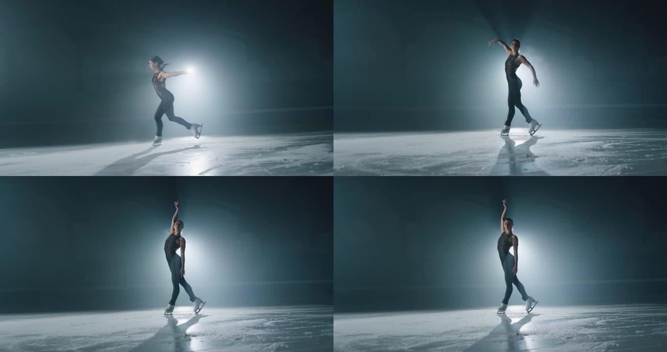 年轻的女性艺术花样滑冰运动员的电影镜头正在比赛开始前在溜冰场上表演女子的单人滑舞蹈。完美、精确、自由