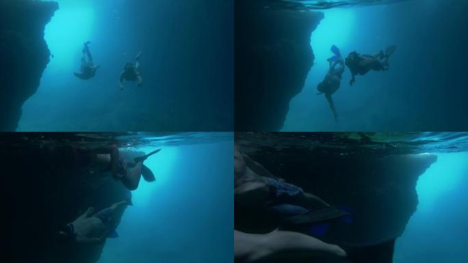 水下: 朋友在海洋中浮潜