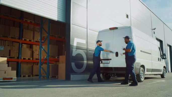 物流配送仓库外: 两名工人用纸箱装载送货卡车，开车运送在线订单，采购，电子商务商品。宽镜头