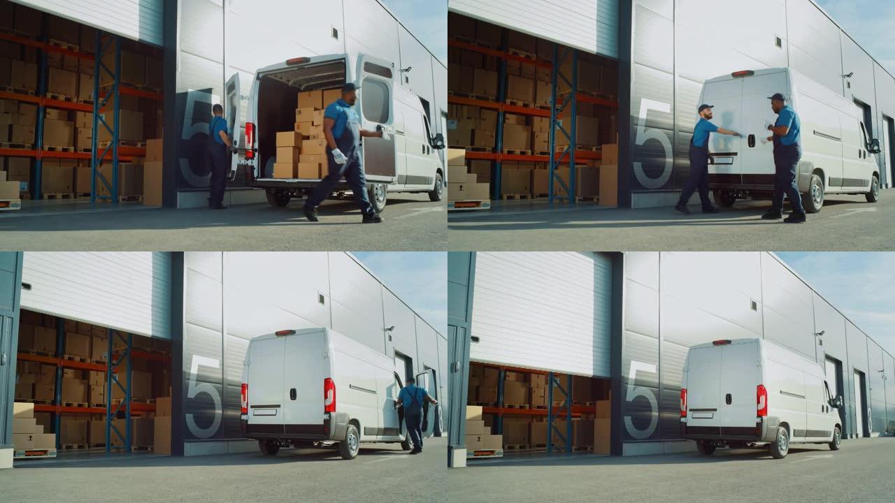 物流配送仓库外: 两名工人用纸箱装载送货卡车，开车运送在线订单，采购，电子商务商品。宽镜头