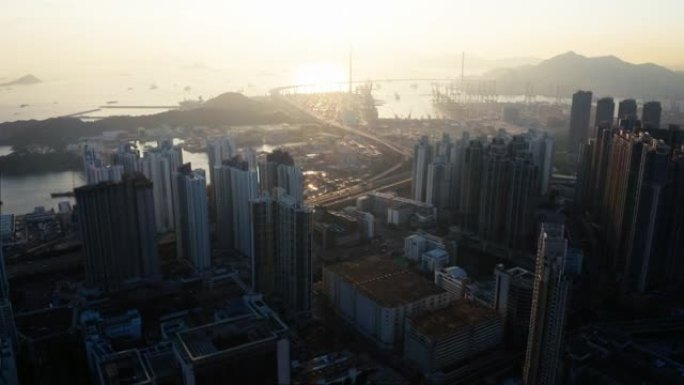 香港九龙大楼航拍落日夕阳跨海大桥