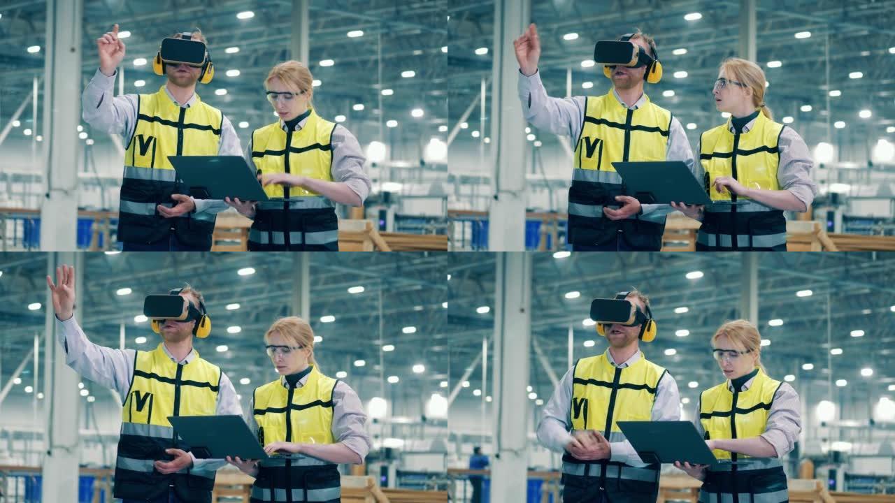 玻璃纤维工厂的工人正在使用VR眼镜进行计划