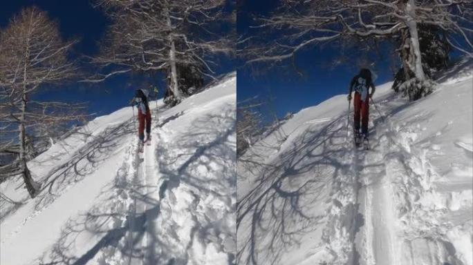 一个朋友在阳光明媚的日子里滑雪上山的垂直视点镜头