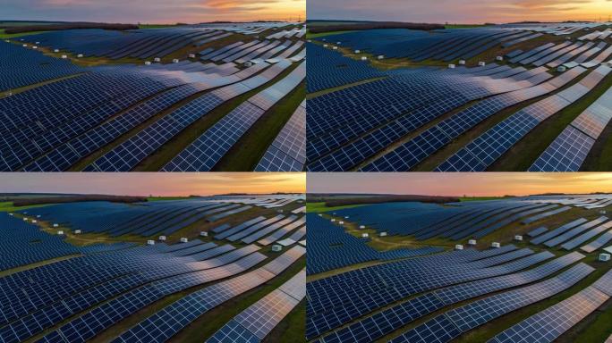 Hyper lapse空中无人机在田园诗般的太阳能农场上的日落