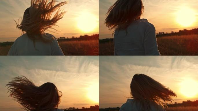 日落时分，一名身穿白衬衫的女子在田野中央奔跑。时空穿越的效果。
