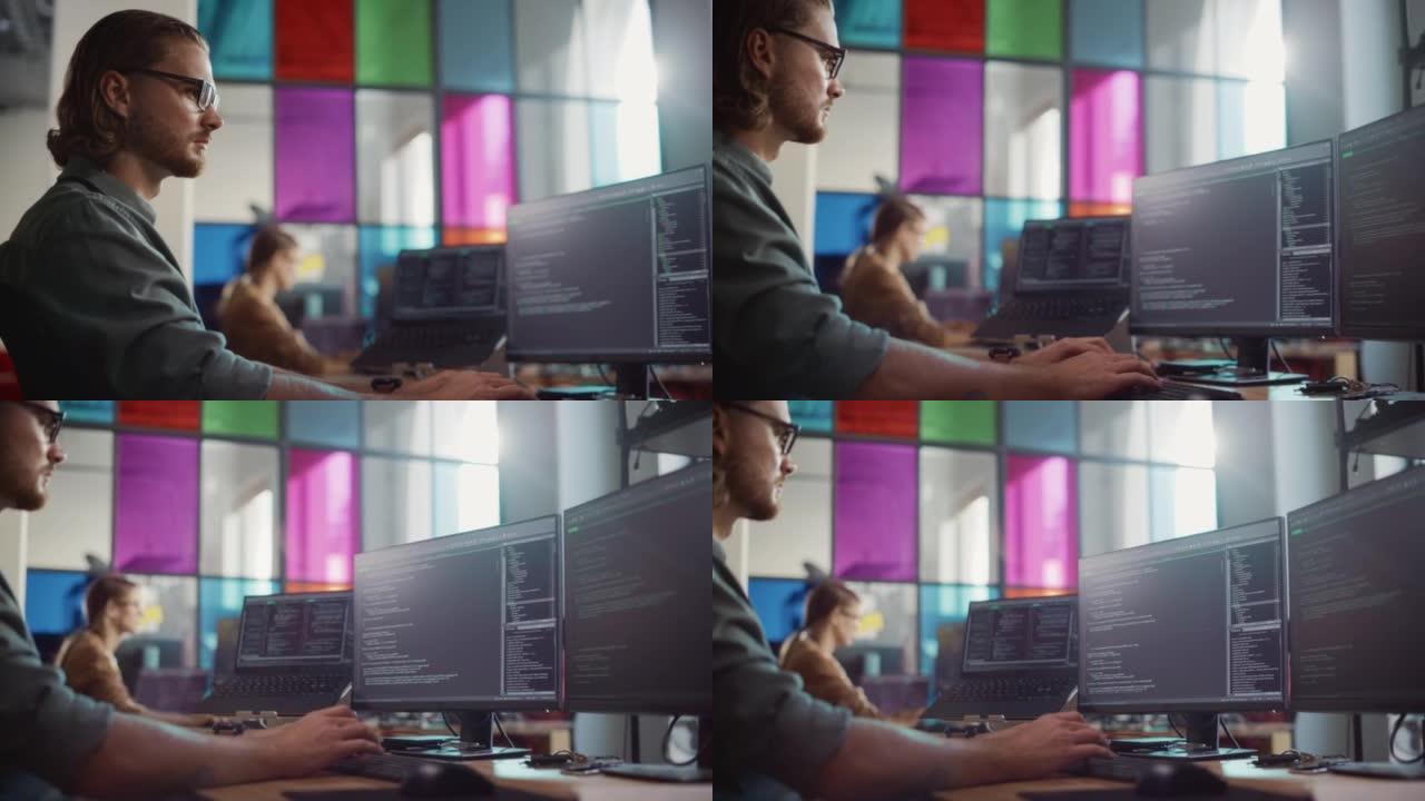 专业的男性程序员在具有两个显示器和一台笔记本电脑的台式计算机上编写代码行。高加索人修复错误并为应用程