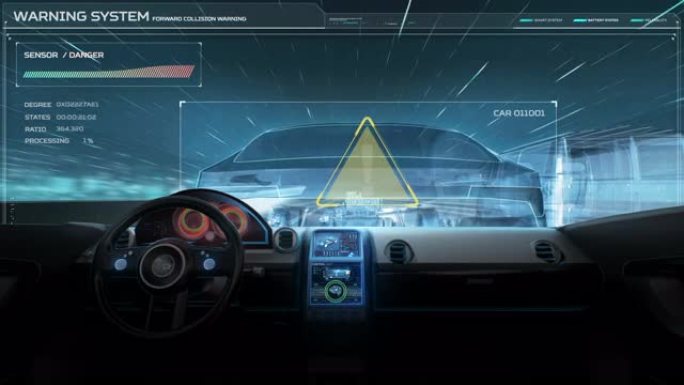 未来混合动力汽车内部，自动驾驶。道路车道警报人工智能，物联网连接汽车。4k动画。