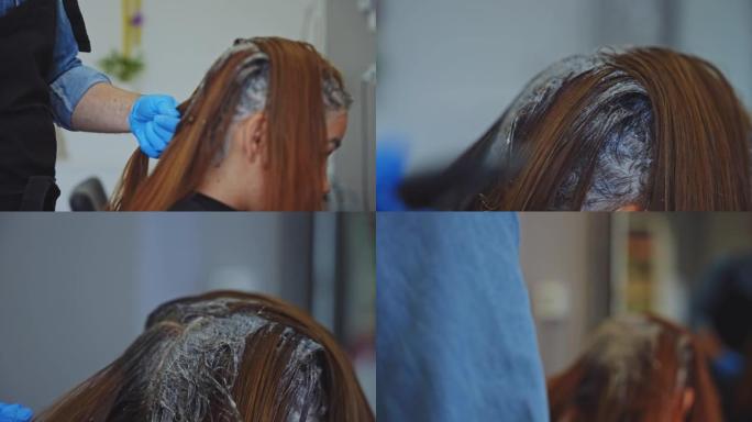 发型师在沙龙为女性顾客染发