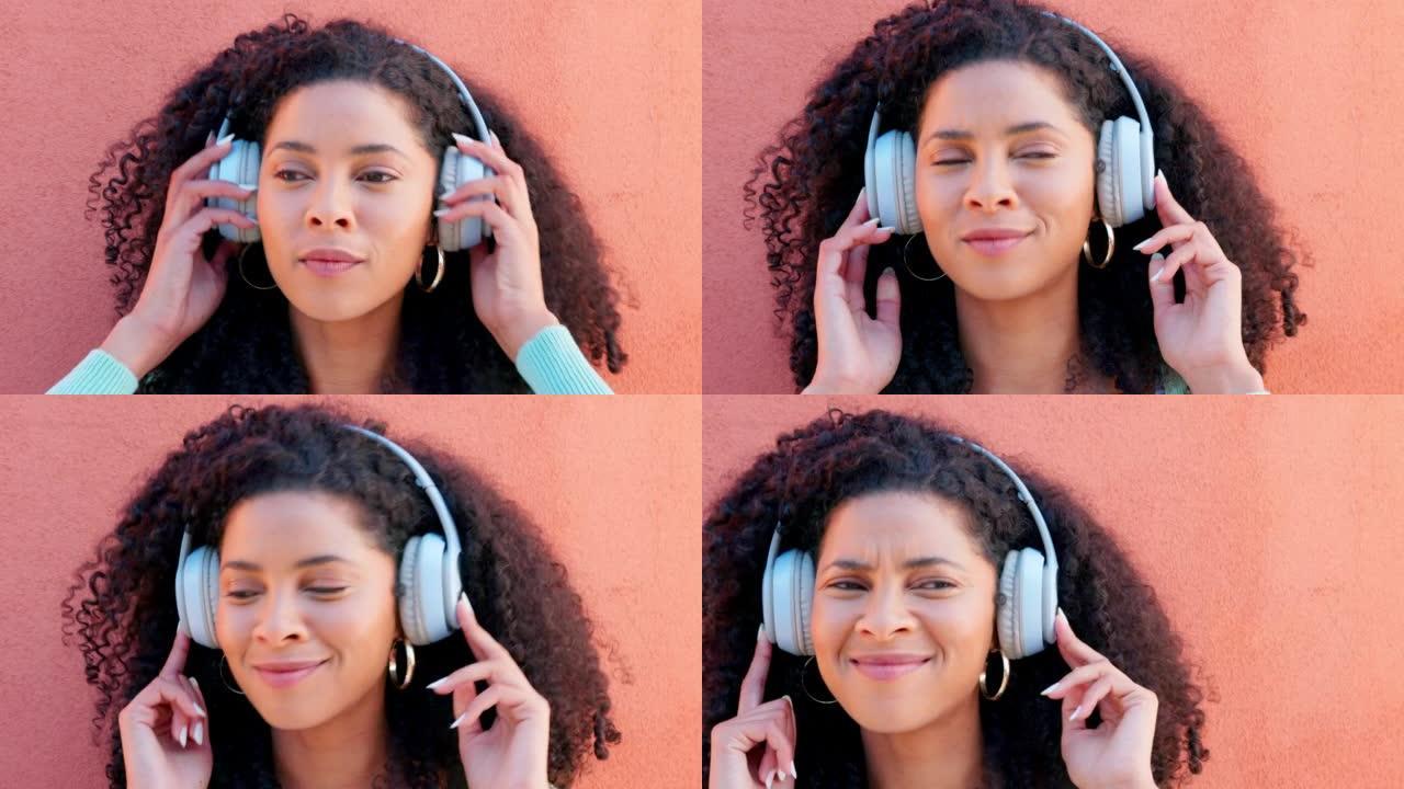 音乐耳机，城市舞蹈和黑人妇女在广播中收听音频，对在线播客感到满意，并在夏天为自由对抗红墙微笑。非洲女