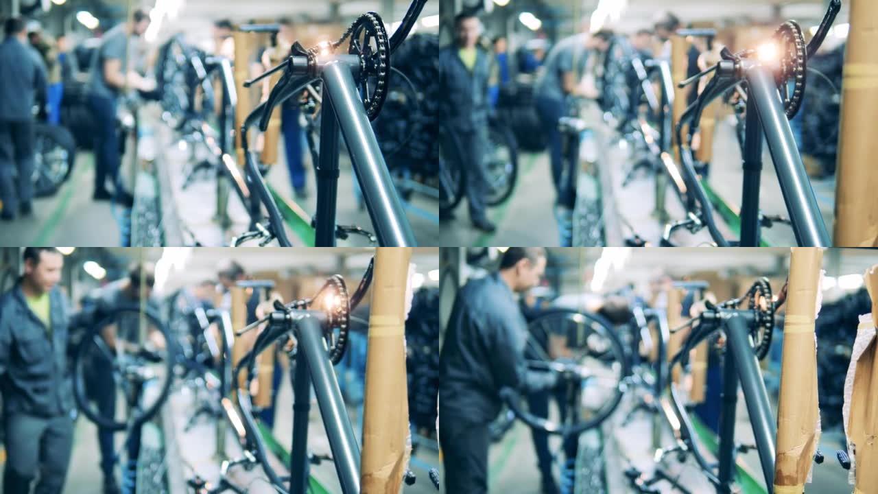 生产线上自行车车架的特写镜头