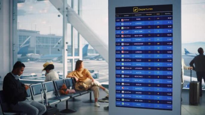 机场航站楼: 到达，出发信息显示所有有用的航班数据旅客。背景: 不同的人群在航空枢纽的登机休息室等待