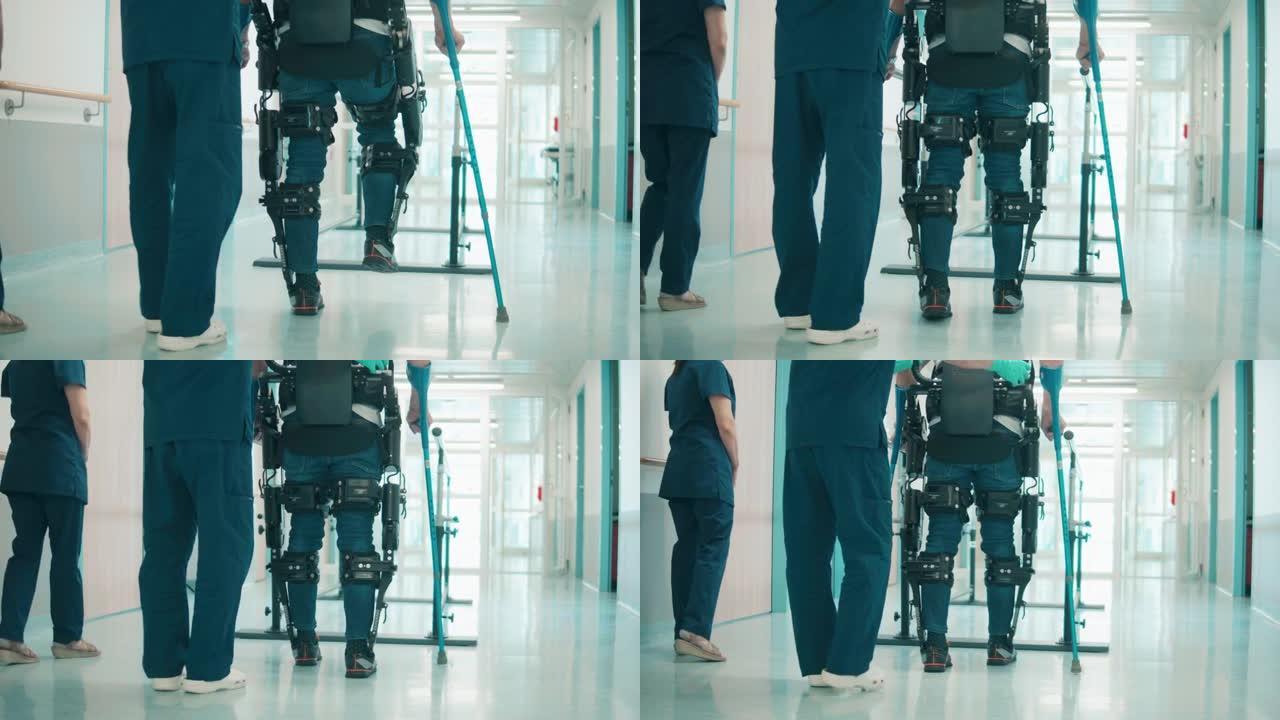 医务人员正在帮助患者穿着exosuit行走