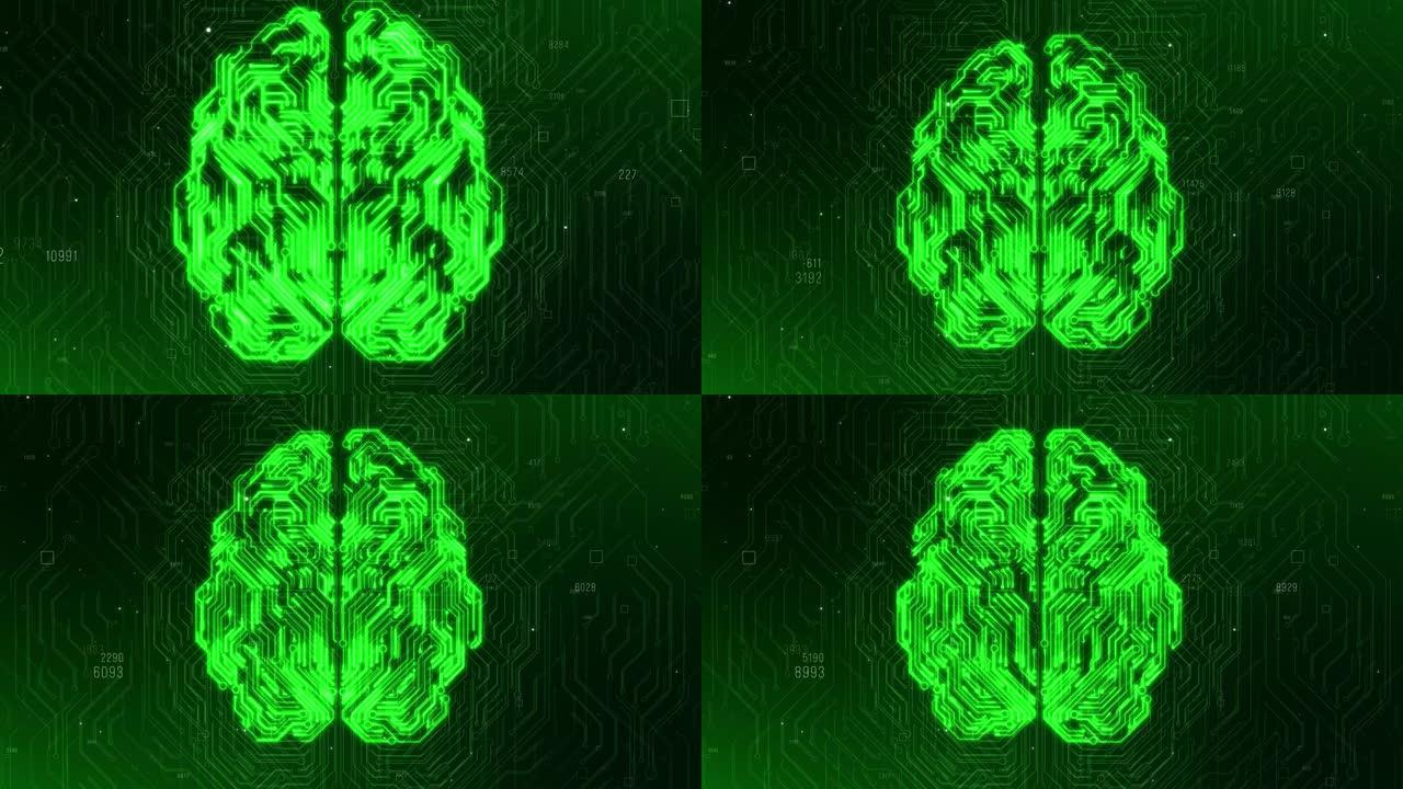 人工智能概念。电路板上的大脑。HUD未来技术数字背景