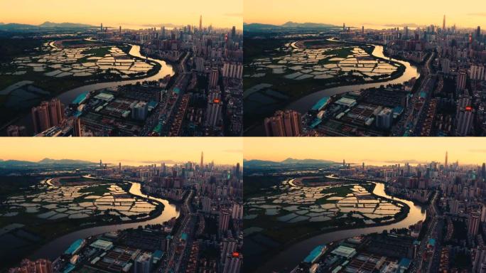 日落时深圳香港边境的无人机视图