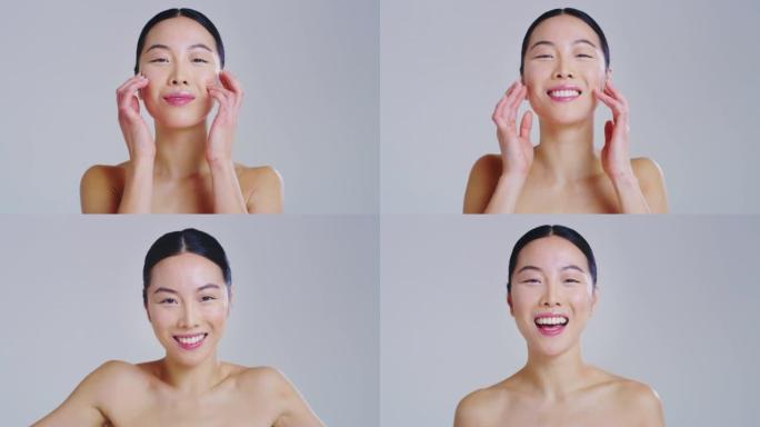 亚洲女人的慢动作，拥有美丽的脸庞和完美的皮肤，刚刚从杂质中清洗干净，用手指轻轻呵护它，为白天或晚霜做