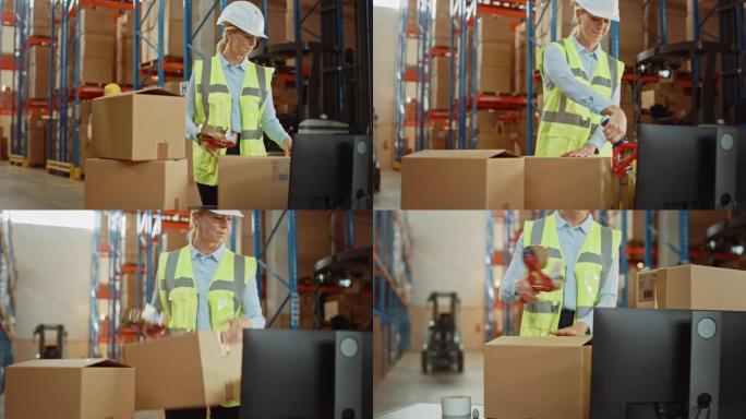 在零售仓库专业工人包装包裹，用胶带分配器密封的纸板箱准备装运。国际交货和配送中心充满了货架上的产品。
