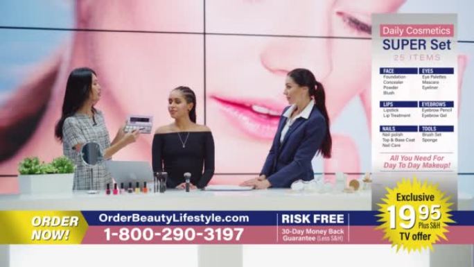 电视商店商业广告节目: 女主持人，美容专家在美丽的模特上使用眼影调色板，呈现最好的产品，化妆品。播放