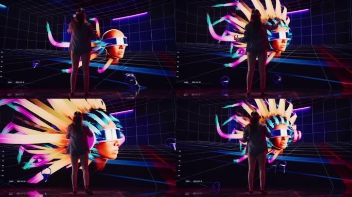 数字艺术家使用VR软件创建3D艺术品: 在大数字屏幕上的交互式环境中设计时尚的未来派肖像。使用耳机和