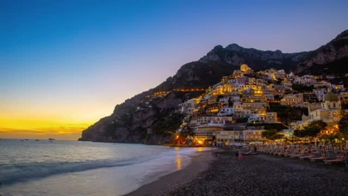 波西塔诺·斯皮吉亚海滩上的T/L日落到黄昏场景