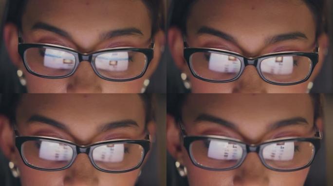 公司女性和屏幕反射眼镜，用于数字辐射防护与ux工作。使用技术眩光时，具有时尚眼镜的数字设计工作者可提