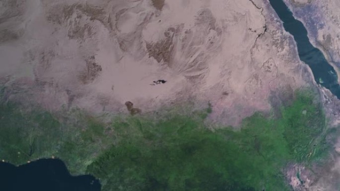 乍得地图，通过4K照片真实动画地球仪放大到太空，包括非洲、西亚和欧洲的全景。史诗旋转世界动画，现实星