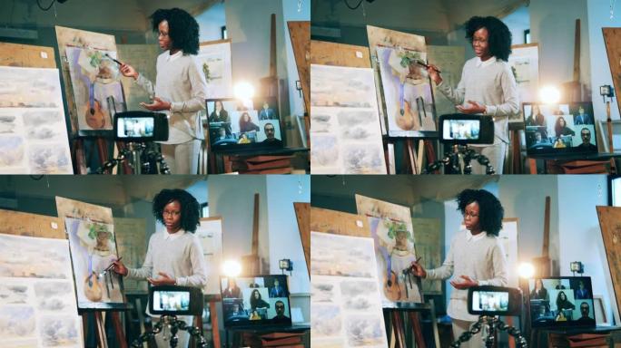 绘画视频课由一名非洲族裔妇女进行