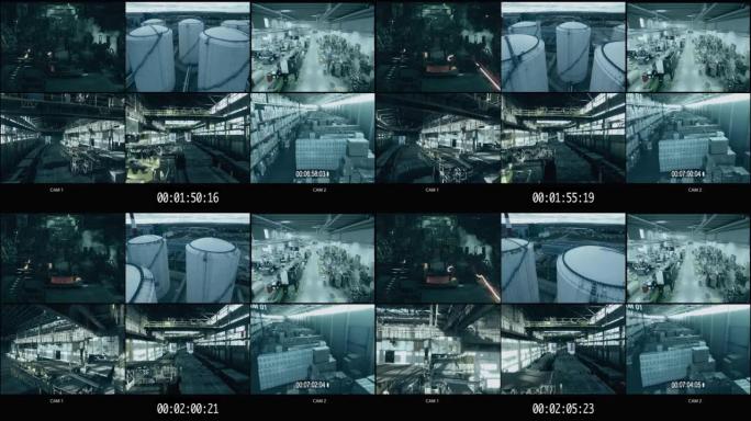 在港口监控中心监视闭路电视录像，屏幕上有多个摄像头。工业4.0现代化仓库与高科技安防中心。计算机显示