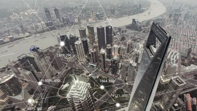 上海城市网络的T/L子鸟瞰图，白天到黄昏过渡