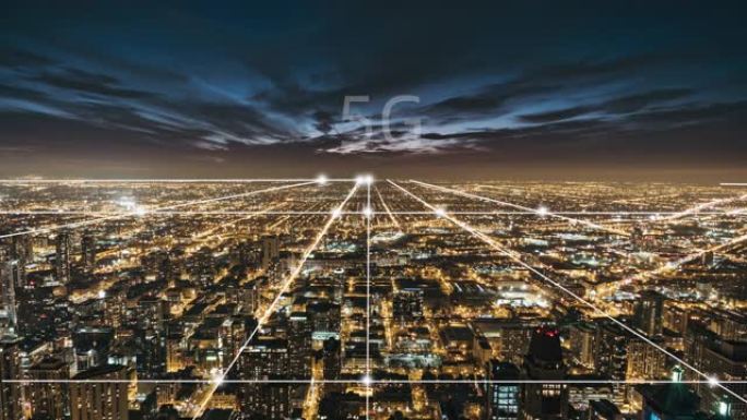 T/L芝加哥城市天际线和夜间5g网络概念