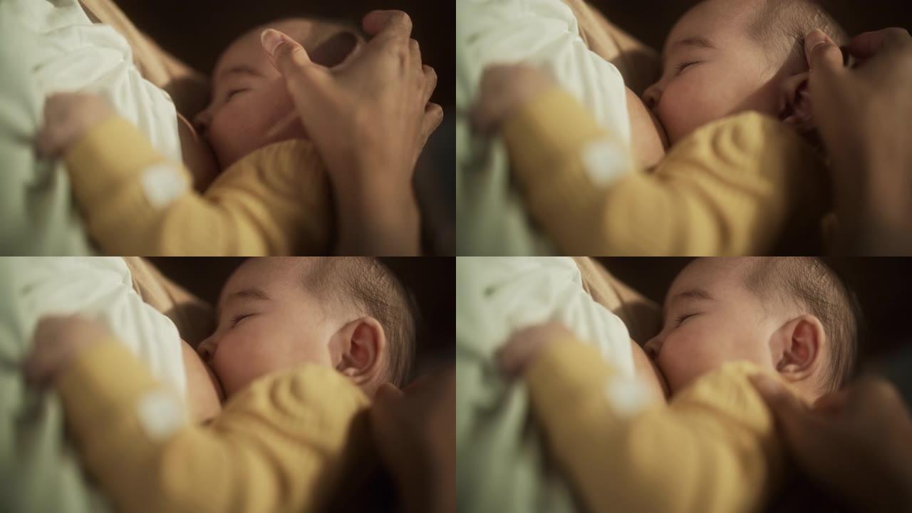母亲和婴儿之间的亲密时刻: 美丽的亚洲女性初生，温柔地在家中母乳喂养婴儿。女性与孩子之间充满爱与感情