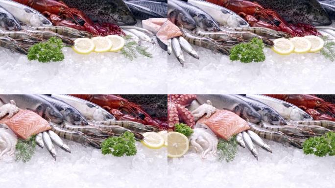 4K UHD多莉左: 各种豪华新鲜海鲜，龙虾鲑鱼鲭鱼小龙虾对虾章鱼贻贝和扇贝，在冰背景上。冰上新鲜冷