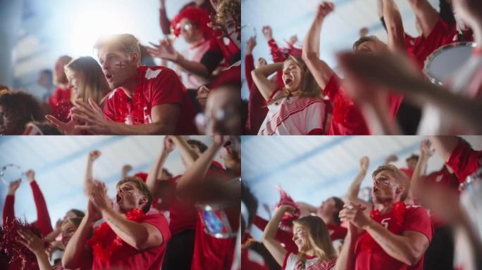 体育馆大事件: 英俊的情感男人欢呼。满脸彩绘的球迷大喊红色足球队获胜。人们庆祝进球，冠军胜利慢动作