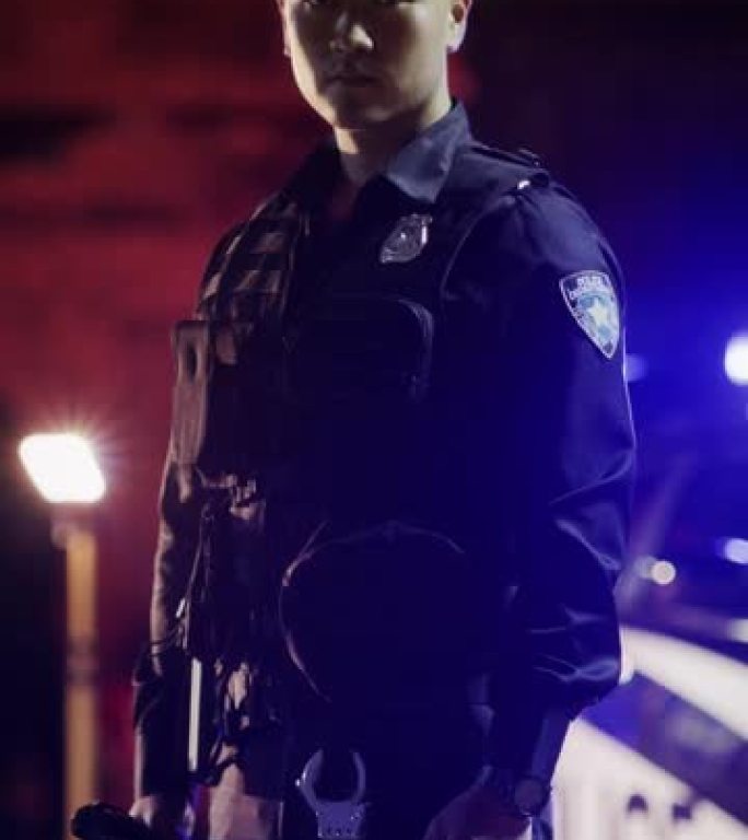 垂直镜头: 一名年轻的亚洲男警官的肖像转向镜头，在警笛灯光下看起来很严肃。警察在犯罪现场报到，维持秩